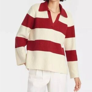 Women's Polo Pullover Sweater - A New Day Red Striped